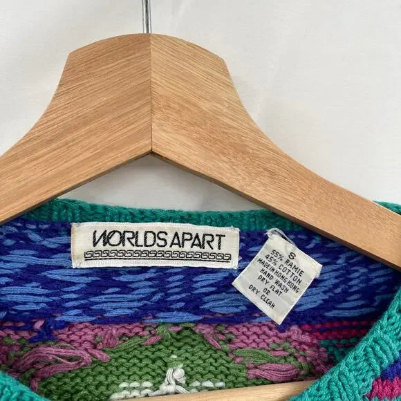 Vintage silk cotton blend teal hand knit colorful cardigan sweater - Picture 3 of 4